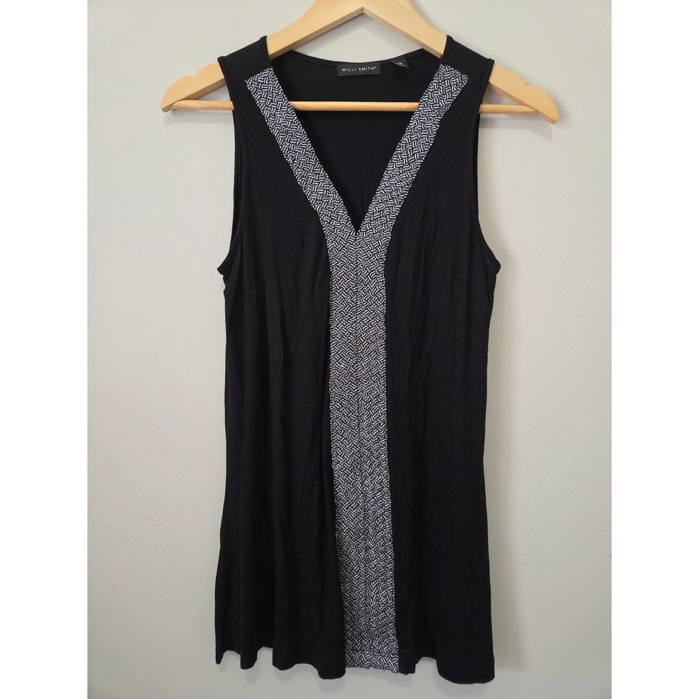 Willi Smith Womens Black Metallic Trim V-Neck Sleeveless Knit Tunic Top Medium